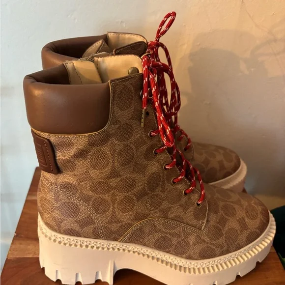 Coach Tan Patterned Boots with Red Laces - Picture 2 of 4